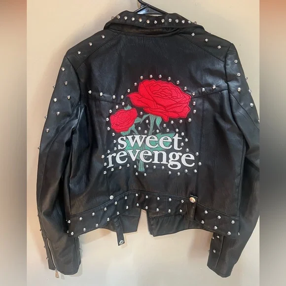 PULL&BEAR “Sweet Revenge” Black Leather Jacket with Star Details Size M - Picture 2 of 2